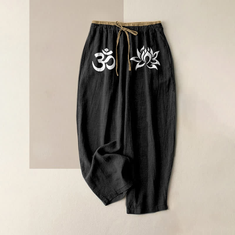 Buddha Stones Weiße Damenhose aus reiner Baumwolle mit OM- und Lotusmuster, elastischem Bund und Taschen - Schwarz - US16, UK/AU20, EU48 (3XL) - image 0