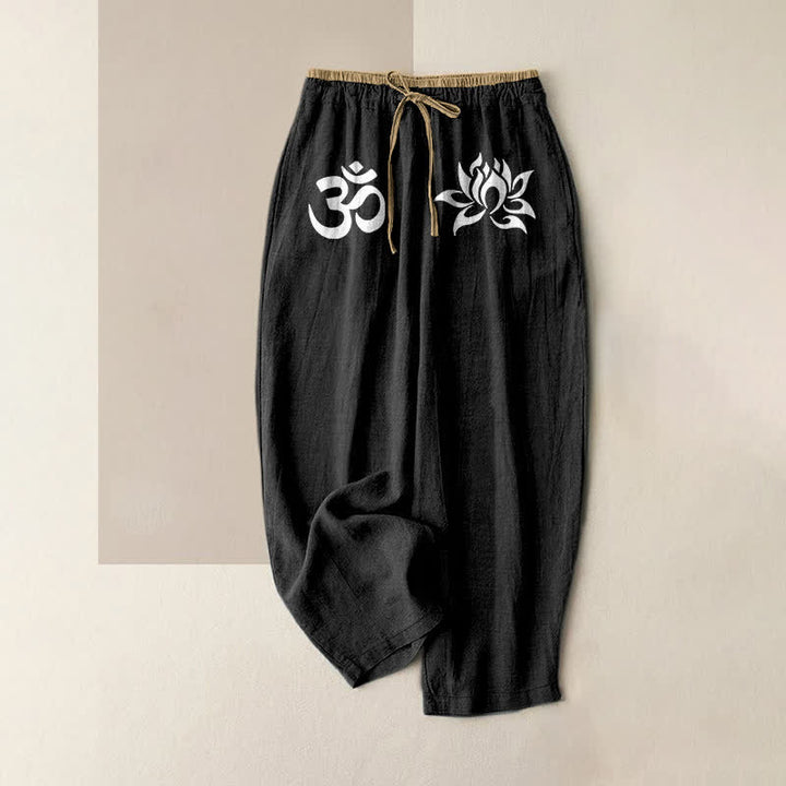 Buddha Stones Weiße Damenhose aus reiner Baumwolle mit OM- und Lotusmuster, elastischem Bund und Taschen - Schwarz - US16, UK/AU20, EU48 (3XL) - image 0