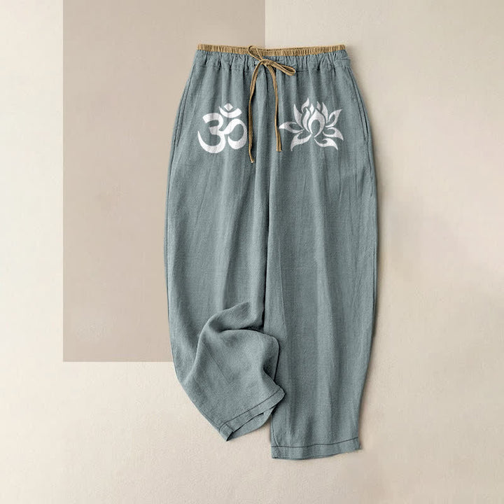 Buddha Stones Weiße Damenhose aus reiner Baumwolle mit OM- und Lotusmuster, elastischem Bund und Taschen - Kadettenblau - US16, UK/AU20, EU48 (3XL) - image 4