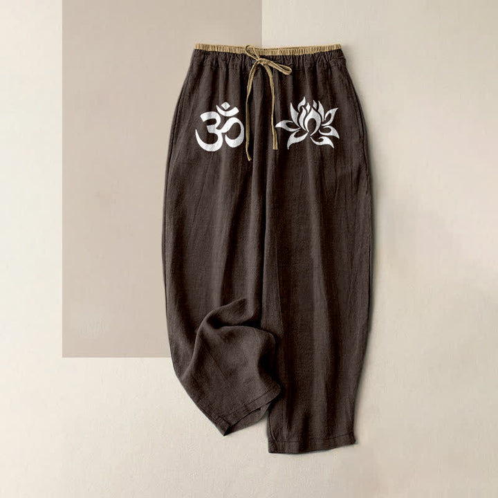 Buddha Stones Weiße Damenhose aus reiner Baumwolle mit OM- und Lotusmuster, elastischem Bund und Taschen - Sattelbraun - US16, UK/AU20, EU48 (3XL) - image 5