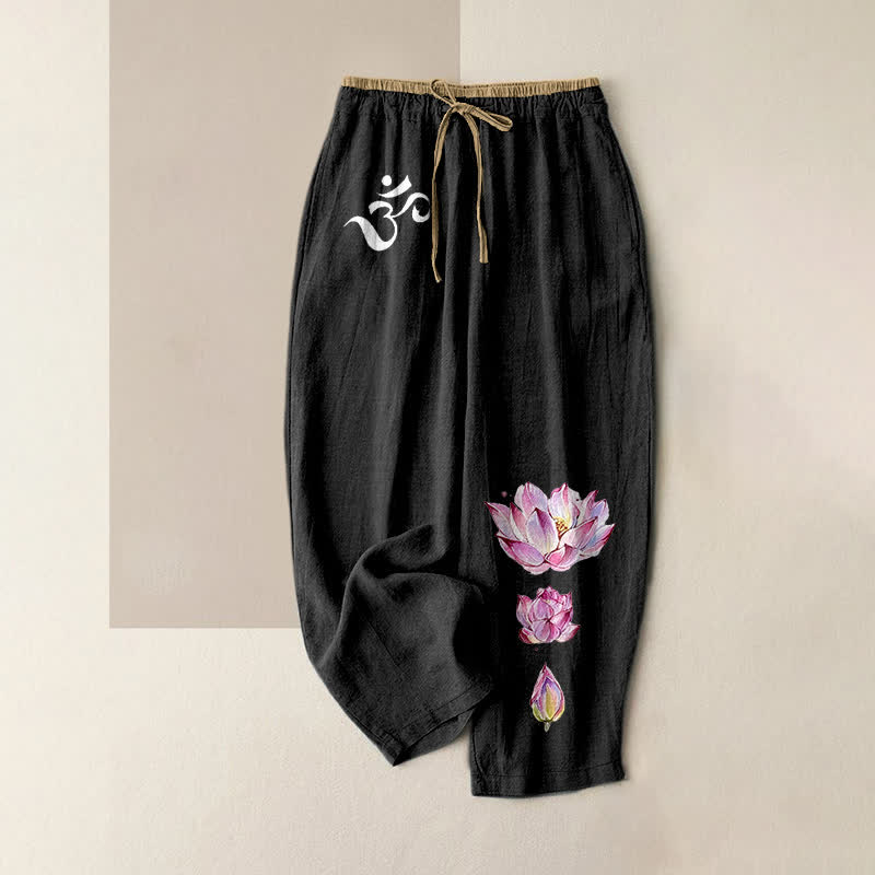 Buddha Stones Damenhose aus reiner Baumwolle mit rosa Lotusmuster, elastischem Bund und Taschen - Schwarz - US16, UK/AU20, EU48 (3XL) - image 0