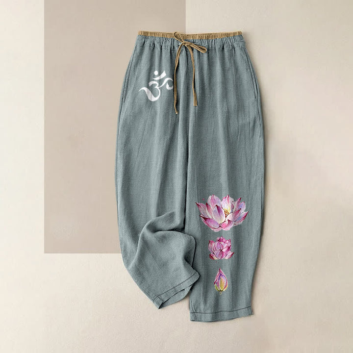 Buddha Stones Damenhose aus reiner Baumwolle mit rosa Lotusmuster, elastischem Bund und Taschen - Kadettenblau - US16, UK/AU20, EU48 (3XL) - image 4