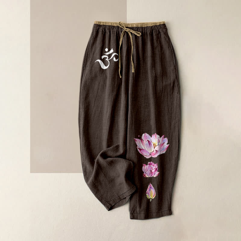 Buddha Stones Damenhose aus reiner Baumwolle mit rosa Lotusmuster, elastischem Bund und Taschen - Sattelbraun - US16, UK/AU20, EU48 (3XL) - image 5