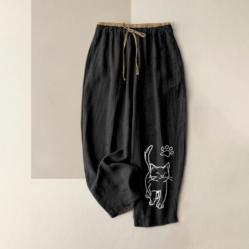 Buddha Stones Damenhose aus reiner Baumwolle mit verspieltem Katzenmuster, elastischem Bund und Taschen - Schwarz - US16, UK/AU20, EU48 (3XL) - image 0
