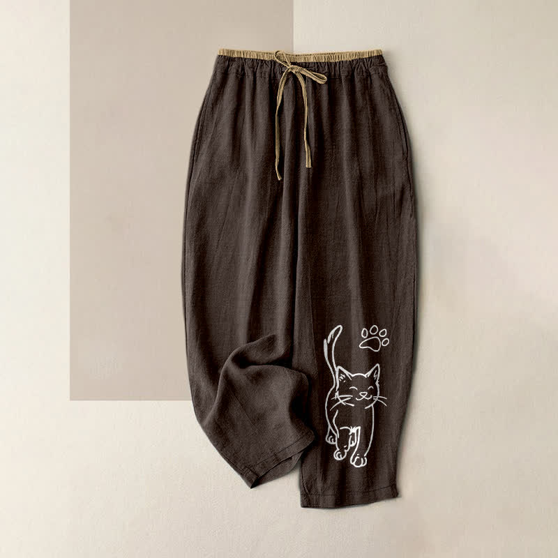 Buddha Stones Damenhose aus reiner Baumwolle mit verspieltem Katzenmuster, elastischem Bund und Taschen - Sattelbraun - US16, UK/AU20, EU48 (3XL) - image 5