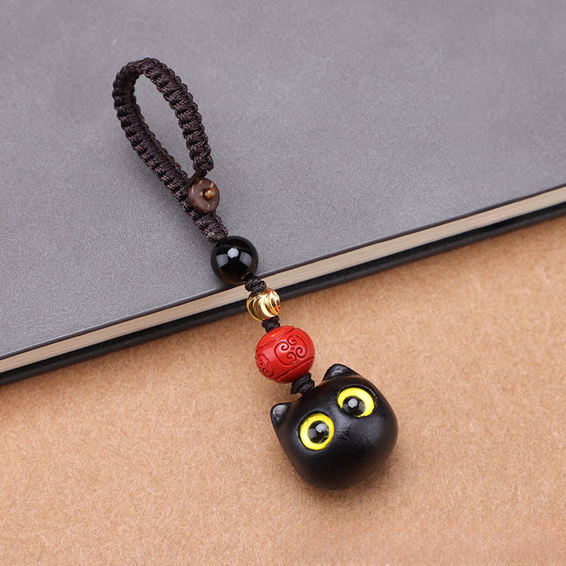 Buddha Stones Niedliche, handgeschnitzte Schlüsselanhänger aus Ebenholz mit Katzenmotiv – ein Symbol für Frieden und Erdung. - Kleines Katzen-Geflechtseil - image 6