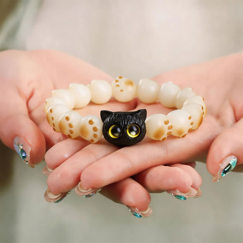 Buddha Stones Bodhi-Samen-Armband aus Ebenholz mit Katzenpfotenmotiv – Symbol für Reinheit und Weisheit - Katze - image 0
