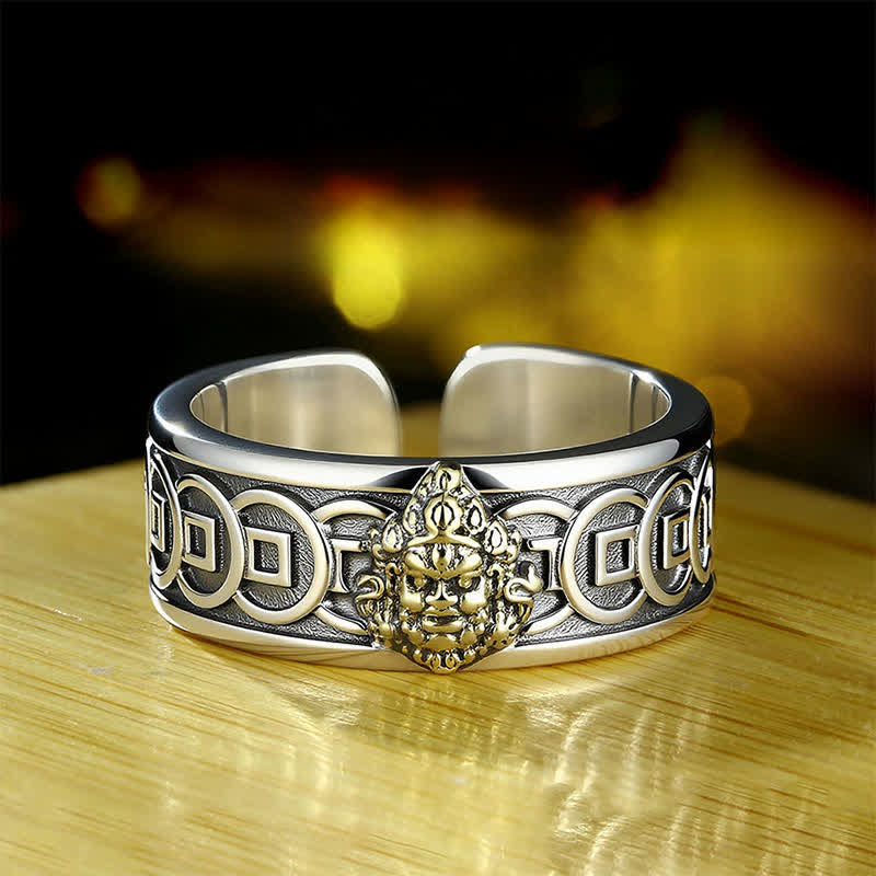 Buddha Stones Verstellbarer Ring aus tibetischem Kupfer mit silbergelber Jambhala-Schutzplatte - Kupfer (Heilung ♥ Reichtum) - image 0