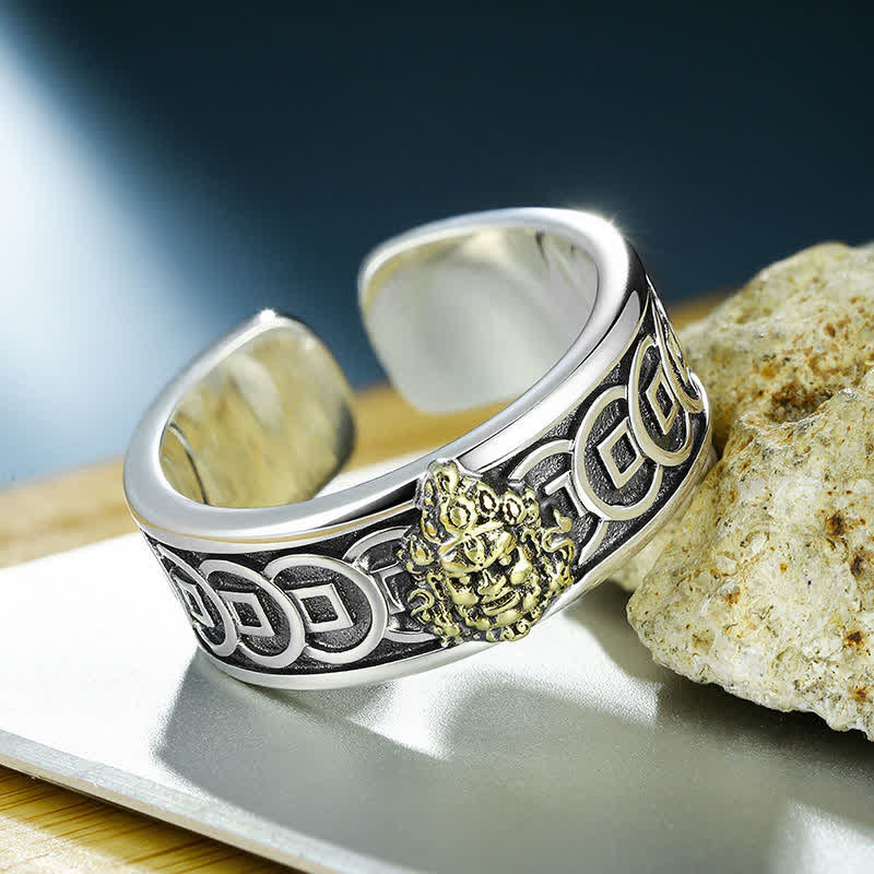 Buddha Stones Verstellbarer Ring aus tibetischem Kupfer mit silbergelber Jambhala-Schutzplatte - image 1