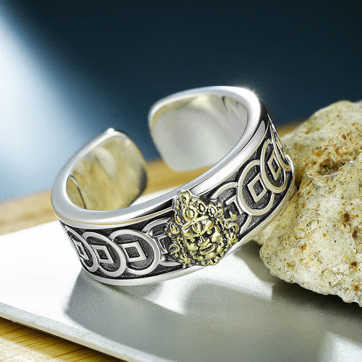 Buddha Stones Verstellbarer Ring aus tibetischem Kupfer mit silbergelber Jambhala-Schutzplatte - image 1
