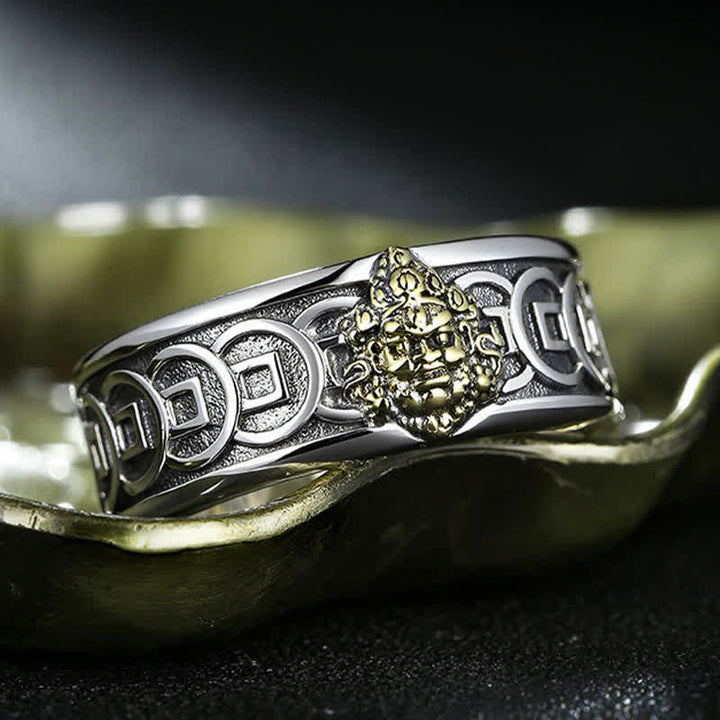 Buddha Stones Verstellbarer Ring aus tibetischem Kupfer mit silbergelber Jambhala-Schutzplatte - image 4