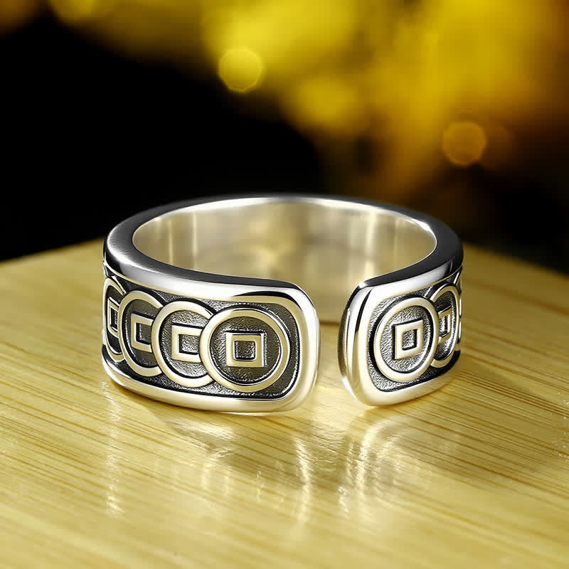 Buddha Stones Verstellbarer Ring aus tibetischem Kupfer mit silbergelber Jambhala-Schutzplatte - image 2