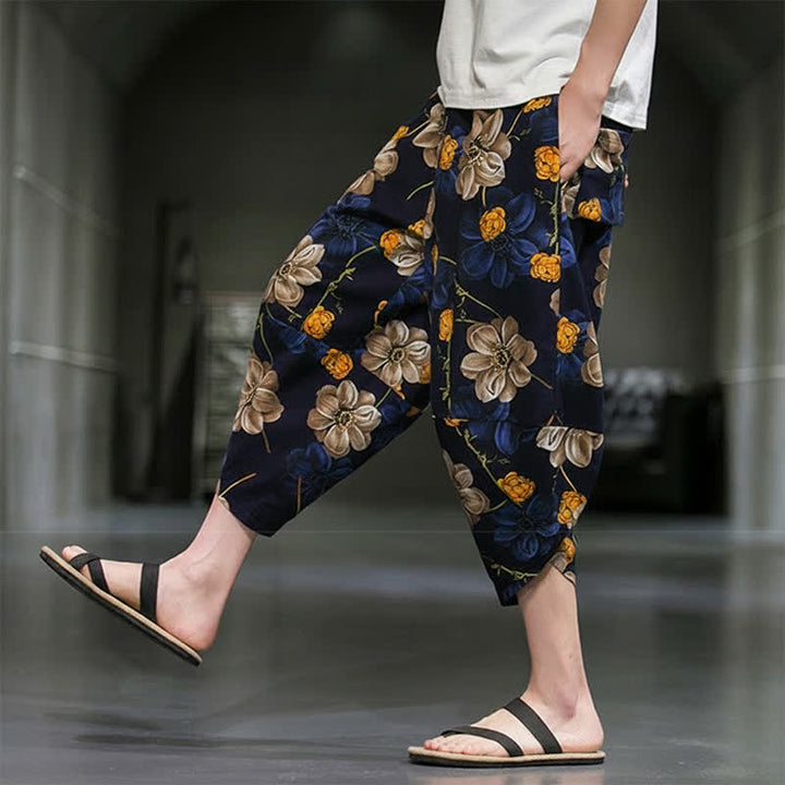 Buddha Stones Lässige Sommer-Caprihose im Boho-Stil mit Blumenmuster, Herrenhose mit schmal zulaufendem Bein und Taschen - image 8