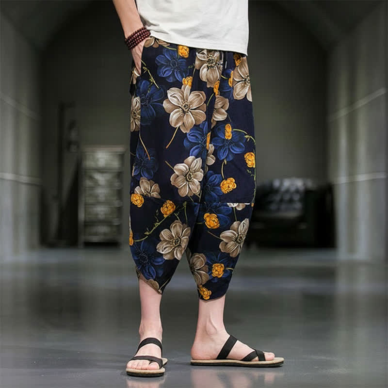Buddha Stones Lässige Sommer-Caprihose im Boho-Stil mit Blumenmuster, Herrenhose mit schmal zulaufendem Bein und Taschen - image 3
