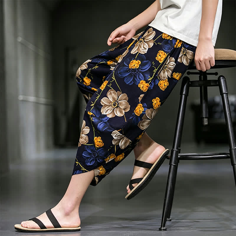 Buddha Stones Lässige Sommer-Caprihose im Boho-Stil mit Blumenmuster, Herrenhose mit schmal zulaufendem Bein und Taschen - image 10