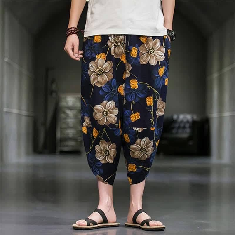 Buddha Stones Lässige Sommer-Caprihose im Boho-Stil mit Blumenmuster, Herrenhose mit schmal zulaufendem Bein und Taschen - image 1