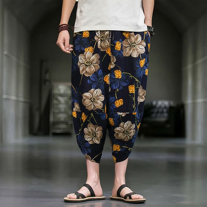 Buddha Stones Lässige Sommer-Caprihose im Boho-Stil mit Blumenmuster, Herrenhose mit schmal zulaufendem Bein und Taschen - image 1