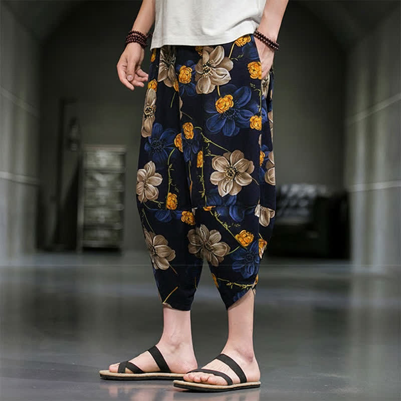 Buddha Stones Lässige Sommer-Caprihose im Boho-Stil mit Blumenmuster, Herrenhose mit schmal zulaufendem Bein und Taschen - image 6