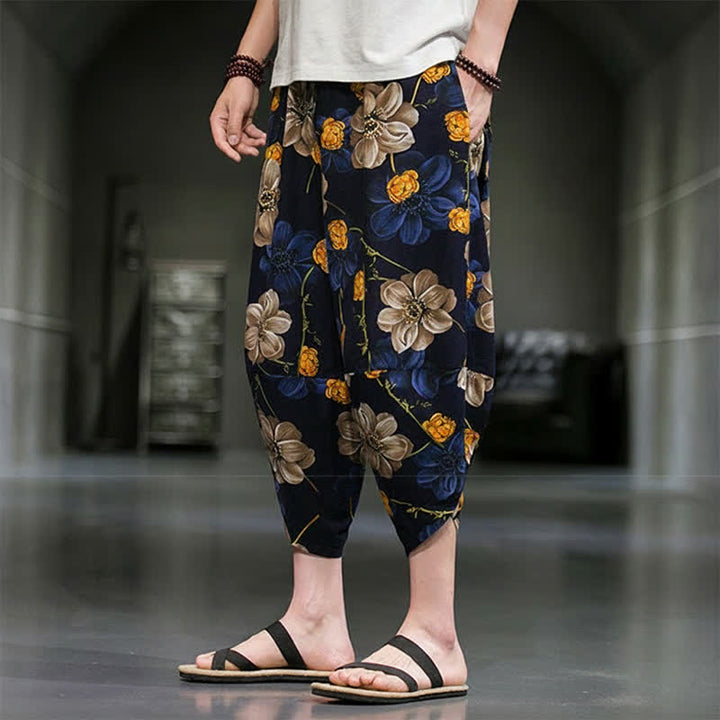 Buddha Stones Lässige Sommer-Caprihose im Boho-Stil mit Blumenmuster, Herrenhose mit schmal zulaufendem Bein und Taschen - image 6