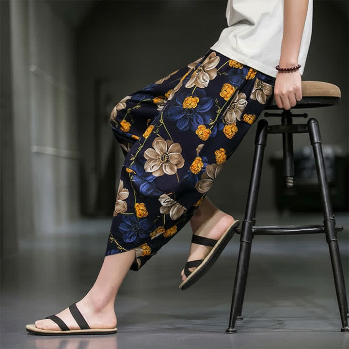Buddha Stones Lässige Sommer-Caprihose im Boho-Stil mit Blumenmuster, Herrenhose mit schmal zulaufendem Bein und Taschen - Mitternachtsblau - US/UK/AU48, EU58 (5XL) - image 0