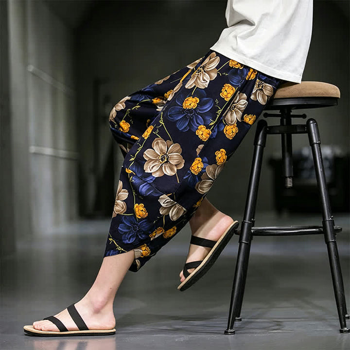 Buddha Stones Lässige Sommer-Caprihose im Boho-Stil mit Blumenmuster, Herrenhose mit schmal zulaufendem Bein und Taschen - image 9
