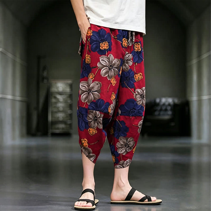 Buddha Stones Lässige Sommer-Caprihose im Boho-Stil mit Blumenmuster, Herrenhose mit schmal zulaufendem Bein und Taschen - image 12