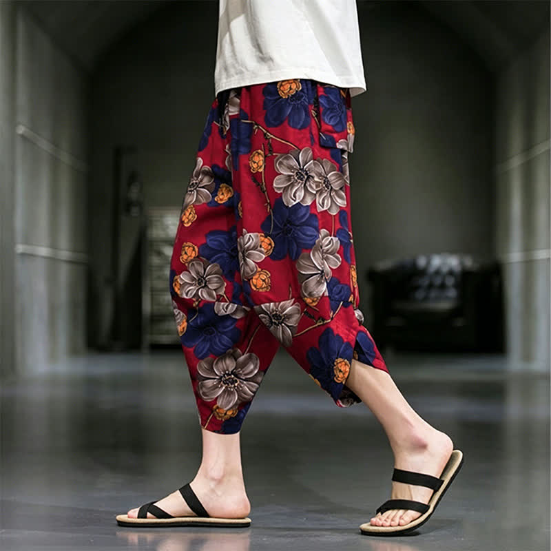 Buddha Stones Lässige Sommer-Caprihose im Boho-Stil mit Blumenmuster, Herrenhose mit schmal zulaufendem Bein und Taschen - image 13