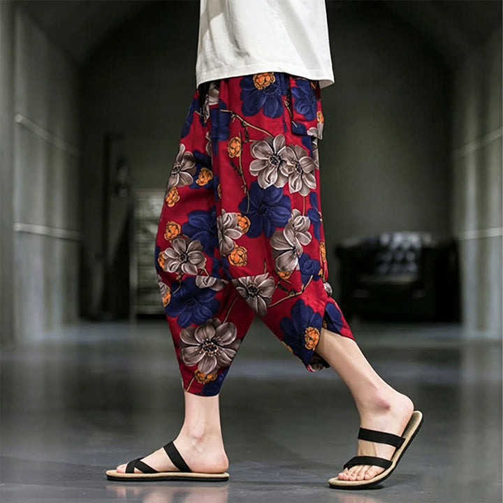 Buddha Stones Lässige Sommer-Caprihose im Boho-Stil mit Blumenmuster, Herrenhose mit schmal zulaufendem Bein und Taschen - image 13