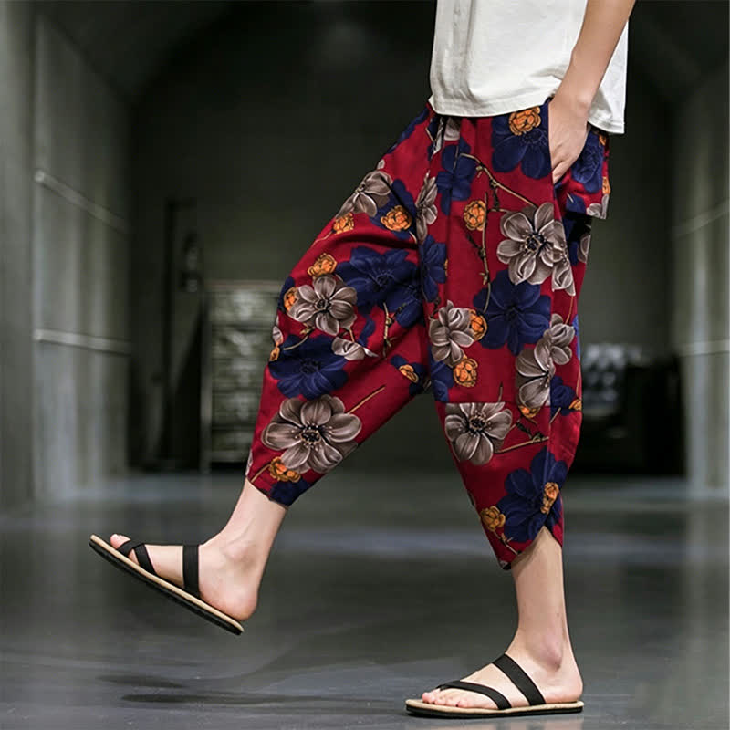 Buddha Stones Lässige Sommer-Caprihose im Boho-Stil mit Blumenmuster, Herrenhose mit schmal zulaufendem Bein und Taschen - image 16