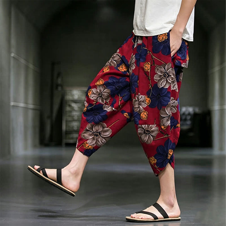 Buddha Stones Lässige Sommer-Caprihose im Boho-Stil mit Blumenmuster, Herrenhose mit schmal zulaufendem Bein und Taschen - image 16