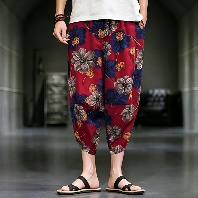 Buddha Stones Lässige Sommer-Caprihose im Boho-Stil mit Blumenmuster, Herrenhose mit schmal zulaufendem Bein und Taschen - Feuerfestziegel - US/UK/AU46, EU56 (5XL) - image 11