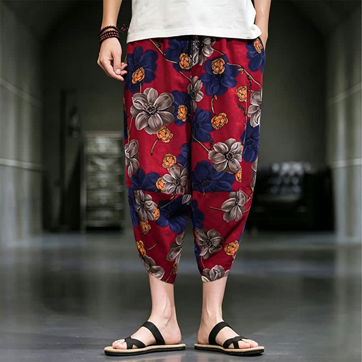 Buddha Stones Lässige Sommer-Caprihose im Boho-Stil mit Blumenmuster, Herrenhose mit schmal zulaufendem Bein und Taschen - Feuerfestziegel - US/UK/AU46, EU56 (5XL) - image 11