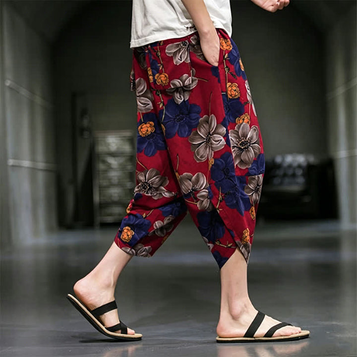 Buddha Stones Lässige Sommer-Caprihose im Boho-Stil mit Blumenmuster, Herrenhose mit schmal zulaufendem Bein und Taschen - image 15