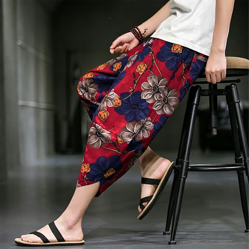Buddha Stones Lässige Sommer-Caprihose im Boho-Stil mit Blumenmuster, Herrenhose mit schmal zulaufendem Bein und Taschen - image 17
