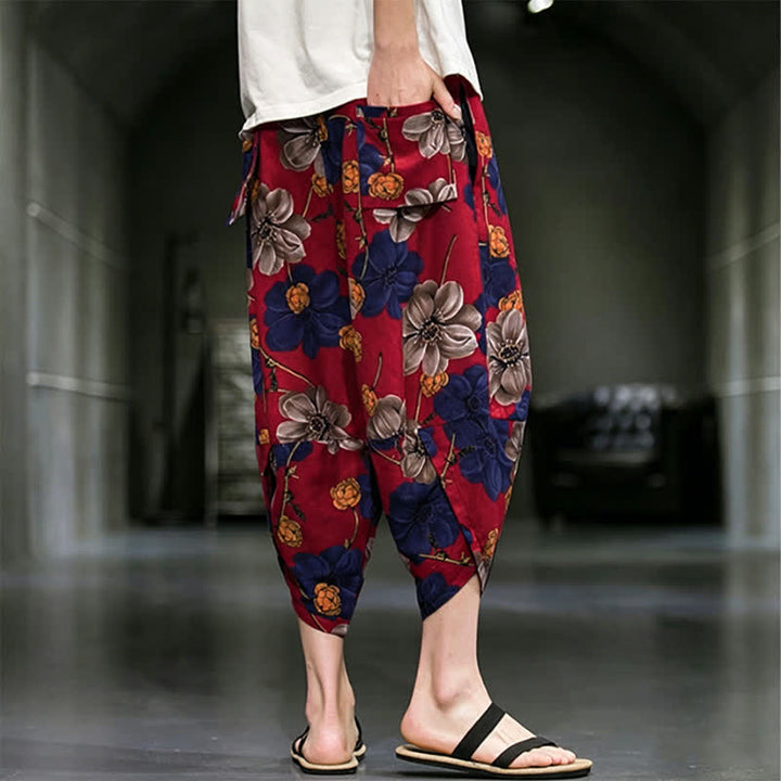 Buddha Stones Lässige Sommer-Caprihose im Boho-Stil mit Blumenmuster, Herrenhose mit schmal zulaufendem Bein und Taschen - image 14
