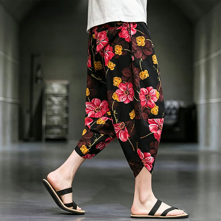 Buddha Stones Lässige Sommer-Caprihose im Boho-Stil mit Blumenmuster, Herrenhose mit schmal zulaufendem Bein und Taschen - image 19