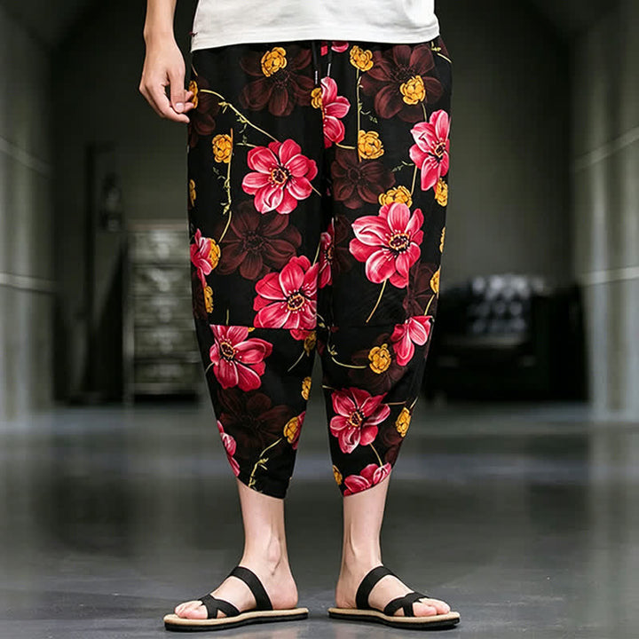 Buddha Stones Lässige Sommer-Caprihose im Boho-Stil mit Blumenmuster, Herrenhose mit schmal zulaufendem Bein und Taschen - Purpurrot - US/UK/AU46, EU56 (5XL) - image 18