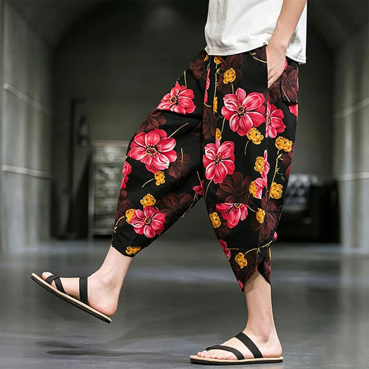 Buddha Stones Lässige Sommer-Caprihose im Boho-Stil mit Blumenmuster, Herrenhose mit schmal zulaufendem Bein und Taschen - image 23