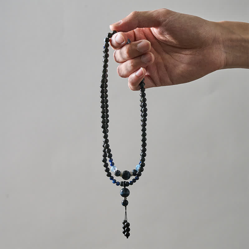 Buddha Stones, schwarzer Obsidian, Schutzkette, handgefertigte runde Quaste, 108 Perlen - image 6