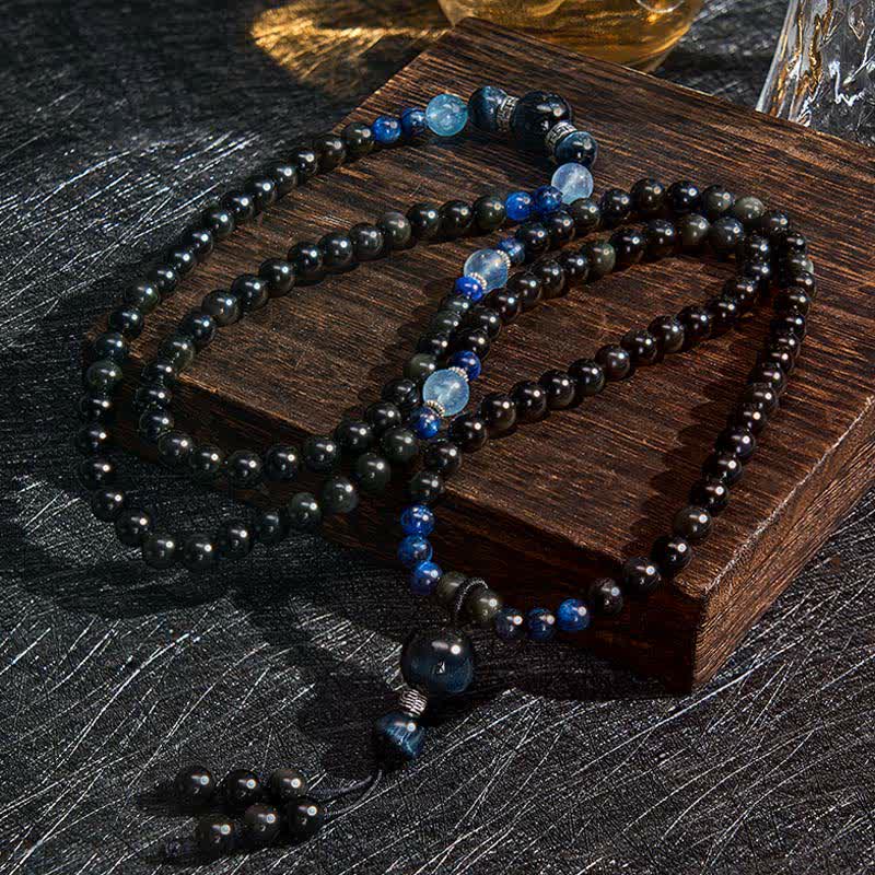 Buddha Stones, schwarzer Obsidian, Schutzkette, handgefertigte runde Quaste, 108 Perlen - image 1