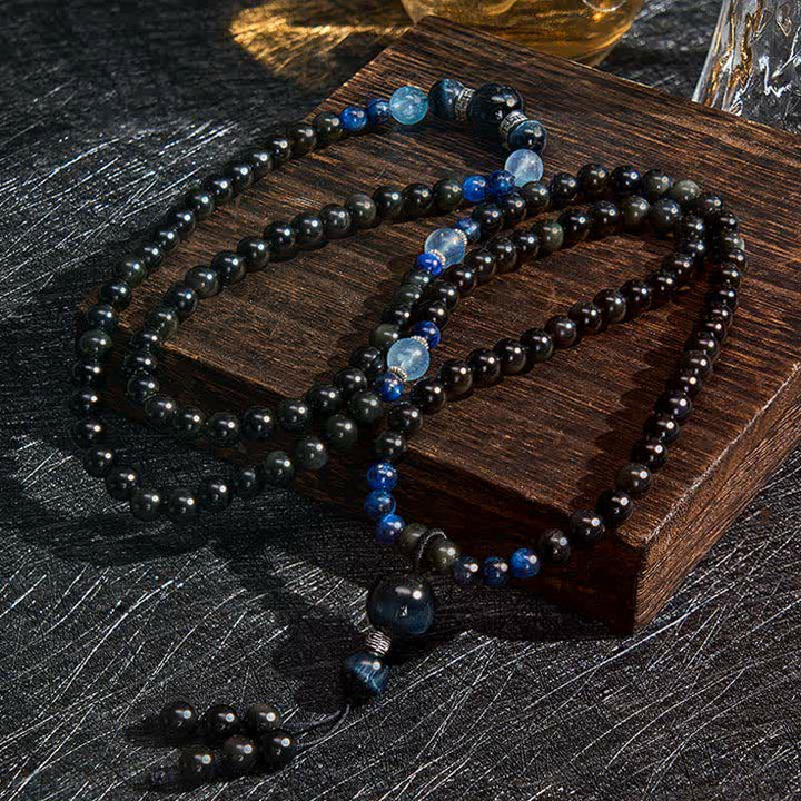 Buddha Stones, schwarzer Obsidian, Schutzkette, handgefertigte runde Quaste, 108 Perlen - image 1