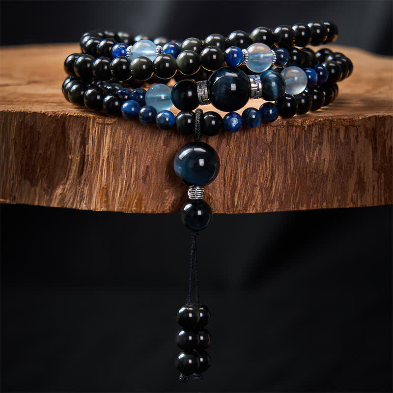 Buddha Stones, schwarzer Obsidian, Schutzkette, handgefertigte runde Quaste, 108 Perlen - image 2