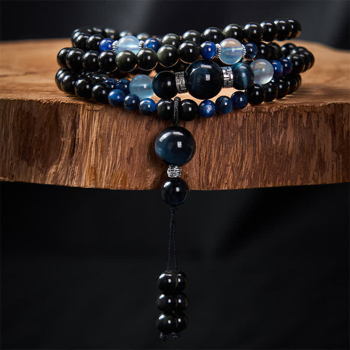 Buddha Stones, schwarzer Obsidian, Schutzkette, handgefertigte runde Quaste, 108 Perlen - image 2
