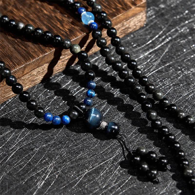 Buddha Stones, schwarzer Obsidian, Schutzkette, handgefertigte runde Quaste, 108 Perlen - image 4