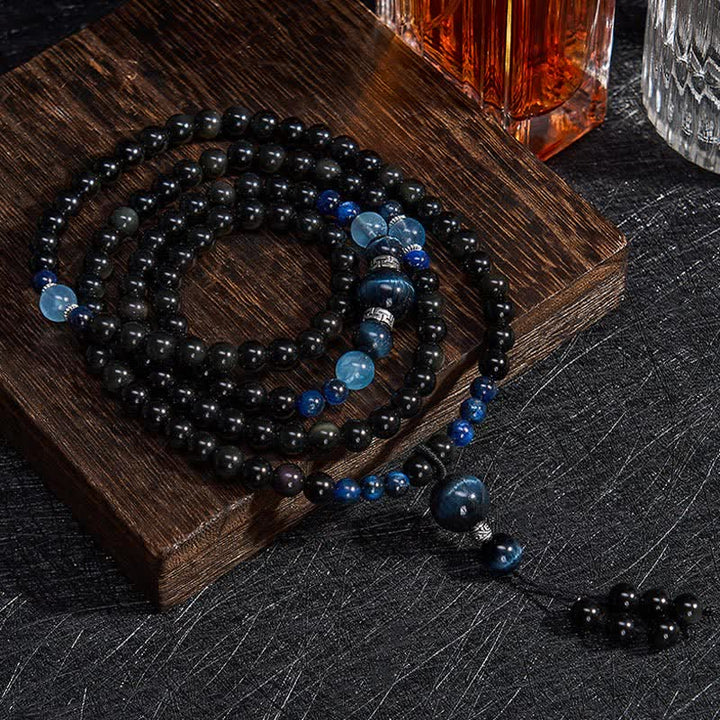 Buddha Stones, schwarzer Obsidian, Schutzkette, handgefertigte runde Quaste, 108 Perlen - Schwarzer Obsidian (Schutz ♥ Erdung) - image 0