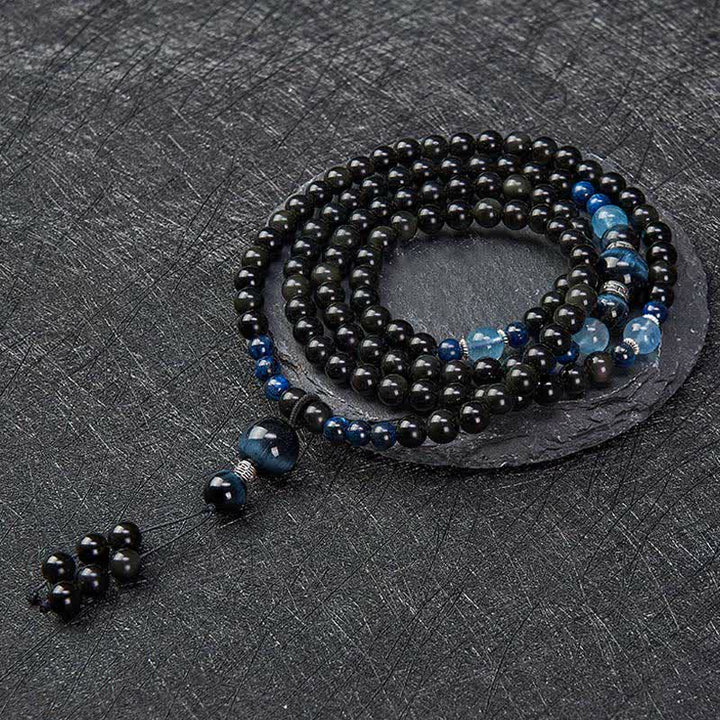 Buddha Stones, schwarzer Obsidian, Schutzkette, handgefertigte runde Quaste, 108 Perlen - image 3