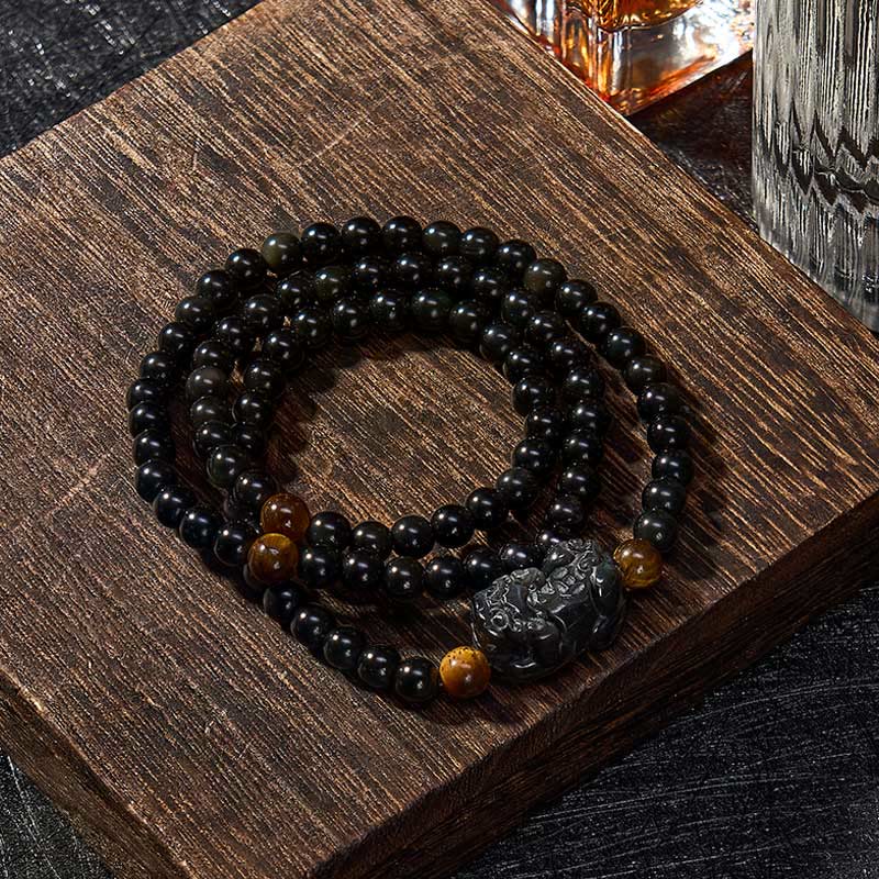 Buddha Stones PiXiu Regenbogen Obsidian Schwarzes Obsidian Reichtum Handgeschnitztes Perlenarmband - image 2