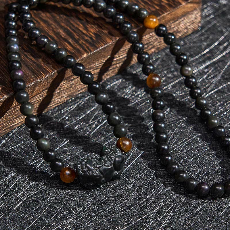 Buddha Stones PiXiu Regenbogen Obsidian Schwarzes Obsidian Reichtum Handgeschnitztes Perlenarmband - image 5