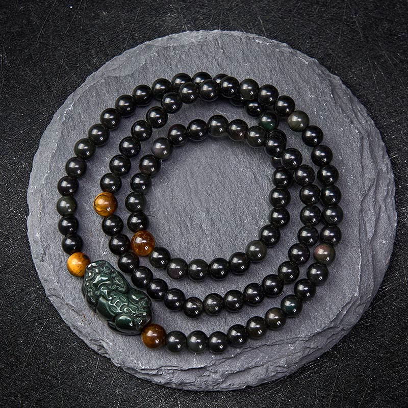 Buddha Stones PiXiu Regenbogen Obsidian Schwarzes Obsidian Reichtum Handgeschnitztes Perlenarmband - Regenbogen-Obsidianperle (Farbwechsel im Licht) - 6 mm - image 0