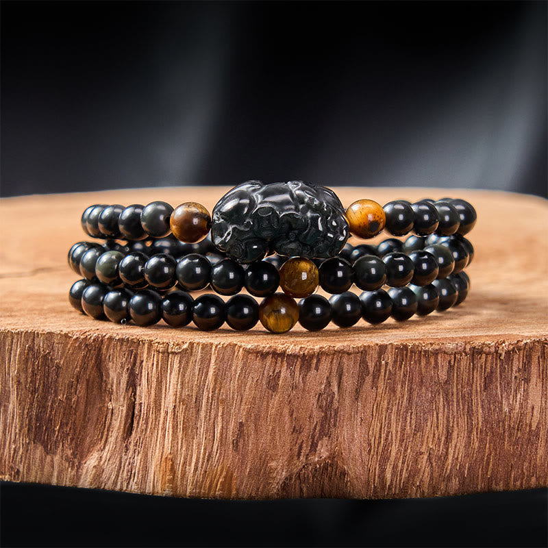 Buddha Stones PiXiu Regenbogen Obsidian Schwarzes Obsidian Reichtum Handgeschnitztes Perlenarmband - image 1